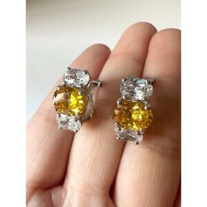 Platinum Plated Oval Yellow CZ surgical steel post earrings